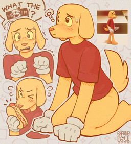 4_fingers anthro blush bodily_fluids bottomless caine_censorship censor_bar censored_speech censored_text clothed clothing confusion dialogue eyebrows fingers fist floppy_ears food fur fuzzy gloves grawlixes handwear holding_food holding_hot_dog holding_object hot_dog kneeling looking_at_viewer male nervous one_eye_closed open_mouth profanity question_mark red_clothing red_shirt red_topwear scared screencap shaking shirt shy simple_background solo speech_bubble sweat sweatdrop tail teeth text tongue tongue_out topwear tremble_spikes trembling white_clothing white_gloves white_handwear wide_eyed wink yellow_body yellow_fur shrimpface4 glitch_productions the_amazing_digital_circus scratch_(tadc) bird_dog canid canine canis domestic_dog hunting_dog labrador mammal retriever 2026 english_text hi_res multiple_images signature