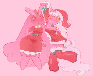 anthro bell bell_collar blush boots breasts choker christmas_clothing christmas_headwear cleavage clothed clothing collar dress duo ears_as_hair eyelashes female footwear hair hat headgear headwear holding_mistletoe holidays horn jewelry knee_boots knee_highs legwear mistletoe navel_outline necklace one_leg_up pink_background pink_body pink_eyes plant raised_leg red_clothing santa_dress santa_hat shoes shoulderless_sweater simple_background slim tail thick_thighs tight_clothing tight_dress white_hair wide_hips yellow_eyes shgrcube christmas mythology nintendo pokemon sugarcube_bundle equid equine generation_4_pokemon lopunny mammal mythological_creature mythological_equine pokemon_(species) shiny_pokemon unicorn