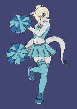 absolute_territory ahoge alternate_costume anthro biped black_eyes blonde_hair blue_background blue_bottomwear blue_clothing blue_crop_top blue_footwear blue_legwear blue_shirt blue_shoes blue_skirt blue_socks blue_thigh_highs blue_thigh_socks blue_topwear blush blush_lines blushing_at_viewer bottomwear breasts cheerleader cheerleader_outfit clothed clothed_anthro clothed_female clothing crop_top diamond_pupils embarrassed feathers female female_anthro flesh_fang footwear freckled_face freckled_shoulders freckled_tail freckles front_view fully_clothed fully_clothed_anthro fully_clothed_female grey_body grey_scales hair hair_bun hair_over_eye holding_object legwear looking_at_viewer makeup mascara messy_hair midriff navel non-mammal_breasts non-mammal_hair non-mammal_navel on_one_leg pom_poms pose pupils scales shirt shoes simple_background skirt sleeveless_shirt slim slim_anthro slim_female socks solo standing tail tail_feathers tapering_snout thigh_highs thigh_socks topwear white_pupils yellow_body yellow_feathers yellow_sclera onetrueraum cavemanon_studios puppet_pals snoot_game judee dinosaur prehistoric_species reptile saurischian scalie theropod troodon troodontid 2026 colored cool_colors digital_drawing_(artwork) digital_media_(artwork) flat_colors full-length_portrait hi_res portrait