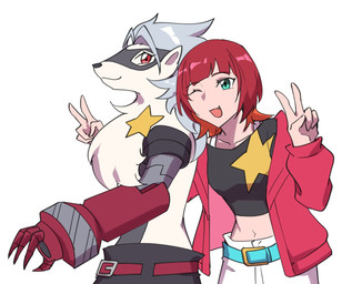 anthro bottomwear clothing crop_top cybernetics duo female fur gesture grey_body grey_fur hair hand_gesture machine mask mechanical_arm navel one_eye_closed pants red_hair shirt shorts side_hug smile topwear v_sign wink lws4cydxt bandai_namco digimon digimon_beatbreak reina_sakuya cyborg digimon_(species) human mammal wolvermon