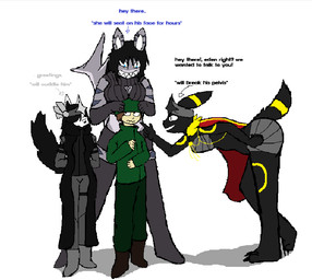 anthro cape clothing dialogue female grabbing_head group human_on_anthro imminent_sex interspecies larger_anthro looking_down looking_down_at_another male male/female nervous size_difference smaller_human smile smiling_at_another text xerg-7 nintendo pokemon eden_(xerg-7) kara_(xerg-7) kata_(xerg-7) pura_(xerg-7) aquatic eeveelution fish generation_2_pokemon human mammal pokemon_(species) shark umbreon english_text