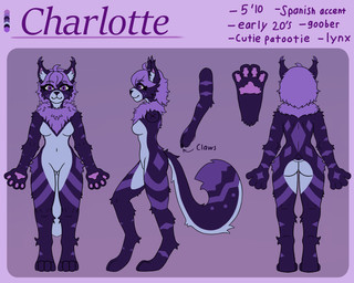 4_toes anthro claws cowlick ear_tuft feet female front_view fur fur_markings hair handpaw inner_ear_fluff markings neck_tuft paws purple_body purple_eyes purple_fur rear_view side_view solo stripes tail toes tuft white_body white_fur babaringa charlotte_(babaringa) felid feline lynx mammal 5:4 hi_res model_sheet