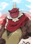 anthro beard clothing eyes_closed eyewear facial_hair glasses kemono male outside overweight overweight_anthro overweight_male red_body scarf solo sweater topwear pontehihi lifewonders tokyo_afterschool_summoners itzamna_(tas) iguana iguanid lizard reptile scalie 2021