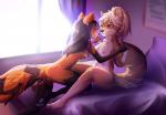 2018 ailurid anthro bed blush breasts brown_body brown_fur canid canine canis digital_media_(artwork) domestic_dog duo eye_contact face_to_face female female/female fur furniture genitals hair hand_holding hazelmere hi_res kati looking_at_another mammal nipples nude on_bed orange_body orange_fur pillow ponytail pussy red_panda romantic romantic_ambiance romantic_couple shaded shiba_inu smile spitz spread_legs spreading stripes white_body white_fur