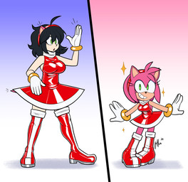 anthro before_and_after black_hair breasts clothing cosplay dress female footwear glistening glistening_body gloves green_eyes hair handwear human_to_anthro latex looking_at_viewer red_clothing red_dress shoes shrinking simple_background size_transformation smile solo species_transformation tf_into_fictional_character transformation white_clothing white_gloves white_handwear lettuce_(artist) sega sonic_the_hedgehog_(series) amy_rose eulipotyphlan hedgehog human mammal 2025 absurd_res digital_media_(artwork) hi_res