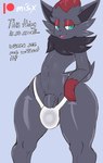 anthro anthrofied big_bulge bulge clothed clothing dialogue femboy flaccid genitals looking_at_viewer male penis penis_base pokemorph small_but_hung solo standing teasing thick_thighs topless topless_male underwear underwear_only wide_hips young misx nintendo pokemon generation_5_pokemon pokemon_(species) zorua