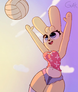 aloha_shirt anthro big_breasts blue_eyes bottomwear bouncing_breasts breasts cleavage_cutout clothing cloud cutout denim denim_bottomwear denim_clothing denim_shorts eyelashes female fur happy jumping long_ears long_socks midair navel pattern_clothing pattern_shirt pattern_topwear raised_arms shirt shorts sky skyscape smile solo sport text thick_thighs topwear volleyball white_body white_fur wide_hips yellow_body yellow_fur guak amy_hope_(guak) lagomorph leporid mammal rabbit digital_media_(artwork) pixel_(artwork)