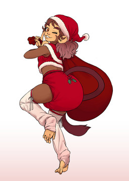 anthro biped brown_body brown_hair christmas_clothing christmas_headwear clothed clothing diaper diaper_cover diaper_under_clothing feet female furgonomic_diaper furgonomics hair hat headgear headwear holidays holly_(plant) leg_warmers legwear looking_at_viewer looking_back looking_back_at_viewer one_eye_closed orange_eyes pantsless_anthro pantsless_female plant prehensile_feet santa_hat smile solo toes topwear wearing_diaper wink heppysugoi christmas guarana_(heppysugoi) haplorhine mammal monkey primate 2025 absurd_res digital_media_(artwork) digital_painting_(artwork) hi_res painting_(artwork)