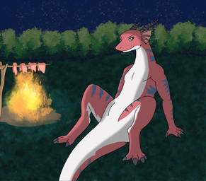 anthro bedroom_eyes campfire female feral fire food genitals grass looking_at_viewer meat narrowed_eyes night outside plant presenting presenting_vulva seductive shrub smile solo spread_legs spreading vulva oscurosx angels_with_scaly_wings mythology anna_(angels_with_scaly_wings) dragon mythological_creature mythological_scalie scalie hi_res