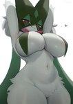 anthro areola big_breasts biped breast_curtains breasts closed_smile eyebrows eyelashes female fur genitals green_body green_fur heart_symbol looking_at_viewer mouth_closed multicolored_body pink_body pupils pussy red_eyes simple_background smile solo white_background omeki nintendo pokemon generation_9_pokemon meowscarada pokemon_(species) hi_res