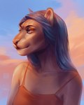 anthro blue_eyes blue_hair blue_sky brown_body clothed clothing cloud female glistening glistening_eyes hair mouth_closed narrowed_eyes red_clothing red_topwear sky sky_background solo topwear marie_merkh ess_(smileeeeeee) felid feline mammal 4:5 artist_name bust_portrait hi_res portrait