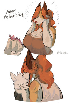 anthro big_breasts bouquet breasts clothing duo female flower fur hair holidays kiss_on_forehead kissing larger_female male male/female orange_body orange_fur plant red_hair simple_background size_difference smaller_male white_background white_body white_fur white_hair fetloaf mother's_day annie_(fetloaf) yuri_(fetloaf) canid canine domestic_cat felid feline felis fox mammal absurd_res hi_res