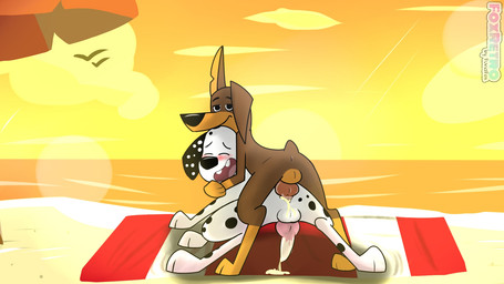 anatomically_correct anatomically_correct_genitalia anatomically_correct_penis animal_genitalia animal_penis balls beach black_body black_fur black_nose black_spots blush bodily_fluids brown_body brown_fur butt canine_genitalia canine_penis cum cum_in_ass cum_inside doggystyle duo feral from_behind_position fur genital_fluids genitals looking_at_viewer looking_back male male/male notched_ear orgasm penis pink_inner_ear presenting presenting_hindquarters sand sex sex_on_the_beach spots sunset towel white_body white_fur white_spots foxretro 101_dalmatian_street 101_dalmatians disney dylan_(101_dalmatians) spike_(101_dalmatians) avian bird canid canine canis dalmatian dobermann domestic_dog gull lari larid mammal pinscher hi_res