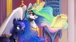 detailed_background duo feathered_wings feathers female feral horn inside magic magic_user palace paper smile wings deardrear friendship_is_magic hasbro my_little_pony mythology princess_celestia_(mlp) princess_luna_(mlp) equid equine mammal mythological_creature mythological_equine winged_unicorn 2015 hi_res