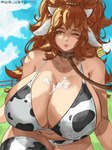 animal_ears animal_humanoid animal_print animal_print_bikini awg_usto big_breasts big_hair bikini bodily_fluids bovid bovid_humanoid bovine bovine_humanoid breasts brown_eyes brown_hair cattle_humanoid clothing collar cow_print cow_print_bikini cow_print_thigh_highs cum cum_on_breasts ear_piercing ear_tag eyelashes female fur genital_fluids hair hi_res horn horned_humanoid huge_breasts humanoid leash leashed_collar long_hair mammal mammal_humanoid navel nipple_outline one_eye_closed pattern_bikini pattern_clothing pattern_swimwear piercing solo swimwear tan_body tan_skin thick_thighs white_body white_fur white_horn wide_hips