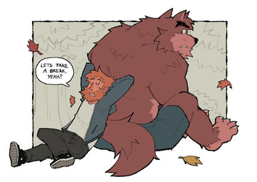 anthro back_to_back beard bottomwear brown_body brown_fur claws clothing duo eyes_closed facial_hair feet footwear fur hair hands_behind_head jacket leaf looking_back male male_anthro male_human multicolored_body multicolored_fur pants plant rear_view red_hair sharp_teeth shirt shoes shorts sitting speech_bubble tail teeth text three-quarter_view topwear tree tuft two_tone_body two_tone_fur soildweller mythology brent_(werewolfyaoi) canid canine human mammal mythological_canine mythological_creature werecanid werecanine werecreature werewolf digital_drawing_(artwork) digital_media_(artwork) english_text