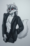 anthro biped black_nose cheek_tuft chest_tuft claws clothed clothing facial_tuft fluffy fluffy_tail fur grey_background grey_body grey_fur grey_hair hair looking_at_viewer male neck_tuft red_eyes simple_background solo tail tail_tuft tuft bleakcat canid canine mammal