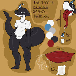 anthro big_penis bodily_fluids clothing cum genital_fluids genitals hat headgear headwear male party_hat penis precum saliva saliva_on_tongue shirt solo tongue tongue_out topwear a_simple_guy_hat dani_(julionoob100) cetacean dolphin fish hybrid mammal marine oceanic_dolphin orca shark toothed_whale hi_res model_sheet