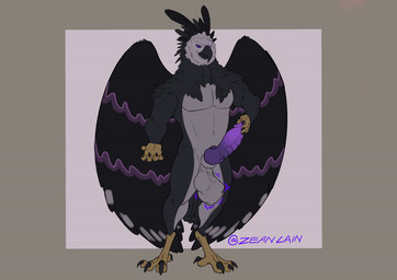 anthro ball_bulge balls beak black_body black_feathers claws cock_vore erection feathers feet genitals grey_body grey_feathers hand_on_penis knot knotted_penis looking_at_viewer macro male male_pred micro micro_prey muscular navel nude_male nude_pred penile penis purple_eyes simple_background smile smiling_at_viewer solo squirming standing struggling struggling_prey talons toes vore zeanlain zeanlain_(character) accipitrid accipitriform avian bird eagle harpy_eagle 2021 colored signature