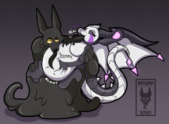 ambiguous_gender anthro arm_grab belly belly_grab big_belly bloated bodily_fluids breasts cybernetics drinking duo expansion female female/ambiguous female_pred force_feeding forced heart_symbol horn inflation leg_grab long_tongue machine nude onomatopoeia penetration simple_background size_difference sound_effects tail text tongue awoogasm mythology ebony_(awoogasm) xal_(xalware) canid canine canis cyborg dragon mammal mythological_creature mythological_scalie robot scalie 2020 digital_media_(artwork) english_text signature