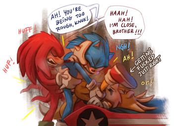 anal anal_penetration anthro balls bed blush bodily_fluids clothing dialogue erection footwear fur furniture genital_fluids genitals gloves group group_sex hair half-closed_eyes hand_on_head handwear holding_leg looking_back looking_pleasured lucky_pierre lying male male/male male_penetrated male_penetrating male_penetrating_male narrowed_eyes on_back on_bed one_eye_closed open_mouth penetration penile penile_penetration penis race_car_bed sandwich_position sex shoes smile speech_bubble spread_legs spreading standing standing_sex tail teeth text threesome tongue tongue_out trio young young_anthro young_male young_penetrated hosanna02846 sega sonic_the_hedgehog_(film) sonic_the_hedgehog_(series) knuckles_the_echidna miles_prower sonic_the_hedgehog canid canine echidna eulipotyphlan fox hedgehog mammal monotreme digital_media_(artwork) english_text hi_res