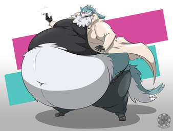 anthro belly belly_overhang big_belly blue_body blue_fur blush cigarette clothing coat fur gloves hand_on_belly handwear holding_object huge_belly hyper hyper_belly male midriff moobs morbidly_obese morbidly_obese_anthro morbidly_obese_male navel obese obese_anthro obese_male overweight overweight_anthro overweight_male smoking solo standing thick_thighs tight_clothing topwear torn_clothing white_body white_fur wide_hips dino.d.dice brand_new_animal studio_trigger shirou_ogami canid canine canis mammal wolf hi_res