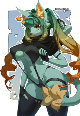 4_arms antennae_(anatomy) anthro arm_strap bangs big_breasts biped black_clothing black_fingerless_gloves black_gloves black_handwear black_topwear breasts brown_eyes buckle capelet cheek_tuft closed_smile clothed clothed_anthro clothed_female clothing colored_nails curvy_figure facial_tuft female female_anthro fingerless_gloves fingernails fur glistening glistening_eyes glitter gloves gradient_background gradient_hair green_hair hair hand_on_leg hand_on_thigh handwear hourglass_figure inner_boob inner_ear_fluff long_hair looking_at_viewer makeup midriff mouth_closed multi_arm multi_limb nails navel orange_fingernails orange_hair orange_inner_ear orange_inner_ear_fluff orange_nails raised_arms simple_background small_waist smile solo standing straps streetwear tail tail_tuft teal_body teal_fur techwear text thick_thighs thigh_strap three-quarter_view topwear tuft twintails_(hairstyle) two_tone_tail under_boob wide_hips zeminachan zeep_(zeminachan) alien felid feline mammal 2026 absurd_res artist_name digital_drawing_(artwork) digital_media_(artwork) hi_res portrait signature three-quarter_portrait