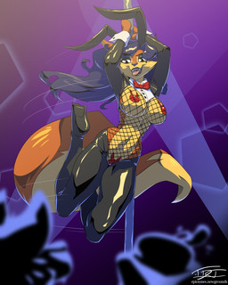 amber_eyes anthro beverage big_breasts black_lips blue_hair boots bottomwear bow_(feature) bow_in_front bow_tie breasts bunny_costume cleavage clothed clothing collar costume cuff_links dancing dipstick_ears ear_markings fake_ears fake_rabbit_ears fangs female fingers fishnet_clothing fishnet_legwear footwear fur glass hair high_heeled_boots high_heels legwear lingerie lips lipstick long_hair looking_at_viewer looking_back makeup markings mole_(marking) multicolored_ears navel nipple_outline orange_body orange_fur pants pasties pole pole_dancing rear_view reverse_bunny_costume shoes solo teeth text tongue tongue_out topwear hardtones sly_cooper_(series) sony_corporation sony_interactive_entertainment sucker_punch_productions carmelita_fox canid canine fox mammal 2020 4:5 hi_res