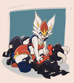 after_kiss anthro anthro_on_anthro bodily_fluids breast_grab breast_squish breasts cleavage clothed clothing crop_top duo female female/female female_on_bottom female_on_top hand_on_breast horn interspecies lying on_back on_bottom on_top pokemorph saliva saliva_string shirt squish straddling tongue tongue_out topwear rougefetus nintendo pokemon canid canine cinderace generation_2_pokemon generation_8_pokemon houndoom lagomorph mammal pokemon_(species) 2022 colored_sketch hi_res sketch