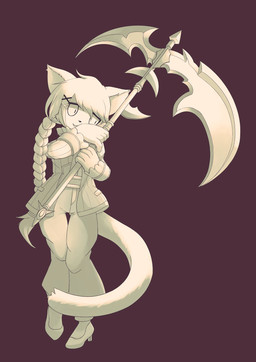5_fingers :3 :d accessory anthro bangs biped bottomwear braided_hair cheek_tuft clothed clothing empty_eyes facial_tuft female fingers footwear front_view fully_clothed fur gradient hair hair_accessory hair_between_eyes hairclip high_heels holding_object holding_weapon humanoid_hands jacket kemono knock-kneed long_hair long_sleeves looking_aside looking_away melee_weapon open_clothing open_jacket open_mouth open_topwear pants pigeon_toed polearm pupils purple_background raised_leg scythe shirt shoes simple_background slit_pupils small_nose smile solo standing thigh_gap tongue topwear tuft weapon ganmo cat_busters wraith_(cat_busters) domestic_cat felid feline felis mammal digital_media_(artwork) full-length_portrait hi_res portrait