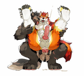 anal anal_penetration animal_genitalia animal_penis anthro anthro_on_anthro anthro_penetrated anthro_penetrating anthro_penetrating_anthro balls blush bodily_fluids canine_genitalia canine_penis claws cum cumshot duo ejaculation erection fur genital_fluids genitals hands-free horn knot male male/male male_penetrated male_penetrating male_penetrating_male muscular muscular_anthro muscular_male pawpads penetration penile penile_penetration penis penis_in_ass sex simple_background tail tongue tongue_out white_background dr.kiyo bruno_(rossciaco) canid canine canis mammal wolf hi_res