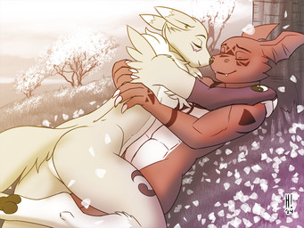 5_fingers anthro anthro_on_anthro butt casual_nudity cherry_blossom cuddling duo eyes_closed fangs female fingers flower fur hug humanoid_hands interspecies interspecies_romance male male/female navel nude nude_anthro nude_female nude_male plant prunus_(flower) romantic romantic_ambiance romantic_couple scales smile tail tasteful_nude tasteful_nudity teeth heresy_(artist) bandai_namco digimon canid digimon_(species) guilmon mammal renamon scalie 2024 4:3 signature