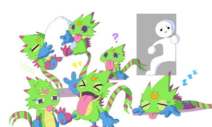 anthro digging green_body group humor long_tongue male question_mark sleeping sound_effects swarm tongue tongue_out vowelless vowelless_sound_effect zzz doodledigi bandai_namco digimon digimon_beatbreak digimon_(species) gekkomon 5:3 hi_res