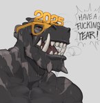 anthro biped black_body bodily_fluids breath eyewear fangs glasses holidays male new_year_glasses novelty_glasses profanity simple_background solo striped_body stripes sweat sweating_profusely teeth text vein white_background white_body yelling repzzmonster new_year new_year_2025 cyrus_(repzzmonster) dinosaur prehistoric_species reptile scalie 2025 digital_media_(artwork) english_text hi_res