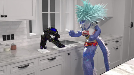 anthro blue_body bottomwear clothed clothing duo female fully_clothed gradient_hair hair hotpants humor kitchen long_hair long_tail machine shorts size_difference tail white_hair soursteel mythology animate_inanimate dragon mythological_creature mythological_scalie robot scalie 16:9 3d_(artwork) animated blender_(artwork) digital_media_(artwork) hi_res short_playtime sound widescreen