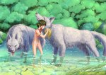 bathing breasts casual_nudity detailed_background eyes_closed female feral fur genitals grey_body grey_fur group hair markings navel nipples nude outside partially_submerged pussy quadruped red_markings text wet studio_zuburi ghibli princess_mononoke san_(princess_mononoke) canid canine canis human mammal wolf 2016 url