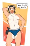 anthro black_hair blue_briefs blue_clothing blue_underwear briefs briefs_only bulge clothed clothing detailed_background dialogue fur hair hand_behind_head looking_away male navel nipples open_mouth orange_background orange_body orange_fur red_background red_eyes simple_background smile solo speech_bubble standing tail tan_body tan_fur teeth_showing text tongue_showing topless underwear underwear_only yellow_background valthelewdtino val_(valthelewdtino) equid equine horse mammal english_text hi_res