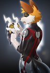 anthro athletic bodily_fluids clothing drooling holding_mask hypnosis latex latex_clothing latex_skinsuit male mask mind_control open_mouth rear_view ringed_eyes saliva simple_background skinsuit solo standing tight_clothing yellow_body sssshark_(artist) canid canine fox mammal hi_res