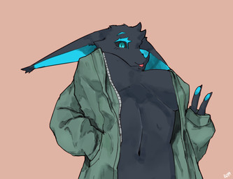 anthro black_body black_fur black_sclera blep blue_eyelashes blue_eyes blue_inner_ear blue_nose breasts clothed clothing ear_tuft eyelashes female fur fur_tuft gesture green_clothing green_jacket green_topwear hand_gesture hand_in_pocket head_tuft jacket looking_at_viewer low-angle_view navel open_clothing open_jacket open_topwear pockets simple_background tongue tongue_out topwear tuft v_sign buta99 canid canine mammal digital_media_(artwork) shaded signature