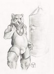 anthro balls_outline belly biceps bulge detailed_bulge flaccid genital_outline genitals grin male manly musclegut muscular pecs penis penis_outline punching_bag simple_background slightly_chubby smile solo standing white_background wrestling_singlet neverwolf bear mammal 2014 black_and_white monochrome