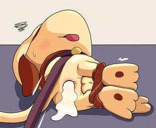 anus balls bodily_fluids bound collar cum cum_in_ass cum_inside genital_fluids genitals leash leash_pull leashed_collar legs_tied lying male on_side rope solo tongue tongue_out feylos nintendo pokemon generation_2_pokemon pokemon_(species) smeargle hi_res