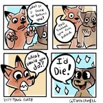 1:1 2020 anthro bee_(trashcamell) black_nose brown_body brown_fur canid canine canis comic dialogue digital_media_(artwork) domestic_dog duo english_text fox fur grin hi_res humor mammal nonbinary_(lore) orange_body orange_fur paws smile soy_(trashcamell) speech_bubble teeth text tongue tongue_out trashcamell