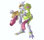 armor biped claws eyestalks fusion head_hands headgear helmet horn humor long_tongue solo tongue bandai_namco digimon digimon_(species) geremon humanoid numemon omnimon digital_media_(artwork) full-length_portrait hi_res portrait