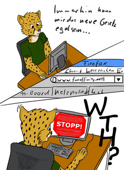 anthro clothing computer electronics filter fur germany green_clothing green_topwear internet male political_cartoon politics shirt shocked simple_background solo topwear web_filter yellow_body yellow_fur unknown_artist felid leopard mammal pantherine hi_res