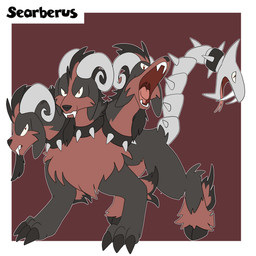 3_heads ambiguous_gender feral fur horn living_tail multi_head open_mouth simple_background snake_tail solo tail text tongue unusual_anatomy unusual_tail fuf fakemon mythology fan_character bovid canid canine canis caprine chimera domestic_dog goat hybrid mammal mythological_creature reptile scalie searberus snake 1:1 hi_res