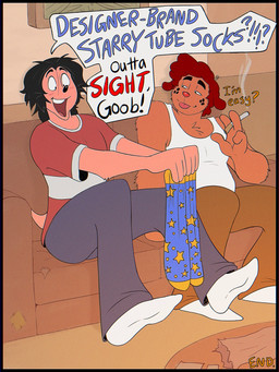 anthro black_hair black_nose bottomwear cigarette clothed clothed_anthro clothed_male clothing dialogue duo footwear fully_clothed fully_clothed_anthro fully_clothed_male furniture hair male pants red_hair shirt socks sofa speech_bubble t-shirt tank_top text topwear tube_socks faroutboy jordo_(artist) asher_(jordo) jerry_(jordo) canid canine canis chimera domestic_dog mammal 3:4 comic english_text hi_res