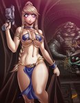 armwear bikini blonde_hair blue_eyes blush bottomwear breasts clothed clothing costume duo female gun hair handgun loincloth midriff navel not_furry pistol ranged_weapon skimpy slave slave_leia_costume solo_focus swimwear tongue tongue_out two-piece_swimsuit weapon karosu-maker metroid nintendo star_wars jabba_the_hutt leia_organa salacious_crumb samus_aran alien human humanoid hutt kowakian_monkey-lizard mammal metroid_(species) hi_res