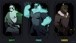 anthro barazoku claws fire fur group male musclegut muscular nipples royalty smile standing text trio white_body white_fur yellow_claws melaisen seven_deadly_sins bear felid giant_panda mammal pantherine 2021 absurd_res digital_media_(artwork) english_text hi_res portrait three-quarter_portrait