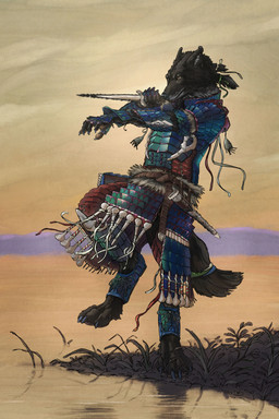 accessory anthro armor belt black_body black_fur bone_accessory claws clothing dagger finger_claws footwear fur furgonomics gauntlets gloves hair_accessory hair_tie handwear holding_dagger holding_melee_weapon holding_object holding_weapon looking_aside male melee_weapon on_one_leg outside painted_claws paws plant scabbard scale_armor solo standing tail tail_accessory text toe_claws toeless_footwear water weapon yellow_eyes joaquin_baldwin noss_saga sterjall_(noss_saga) canid canine canis mammal wolf absurd_res digital_media_(artwork) english_text hi_res