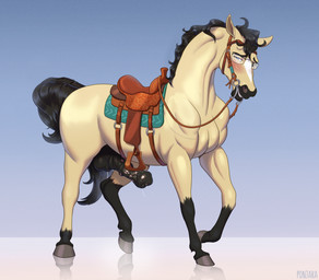 anatomically_correct anatomically_correct_genitalia anatomically_correct_penis animal_genitalia animal_penis balls bodily_fluids bridle equine_genitalia equine_penis erection eyewear feral fur genital_fluids genitals glasses hooves leaking_precum looking_at_viewer male male_feral mane mount penis precum precum_string reins saddle shy simple_background smile solo tail wearing_glasses jaribka equid equine horse mammal digital_media_(artwork) hi_res